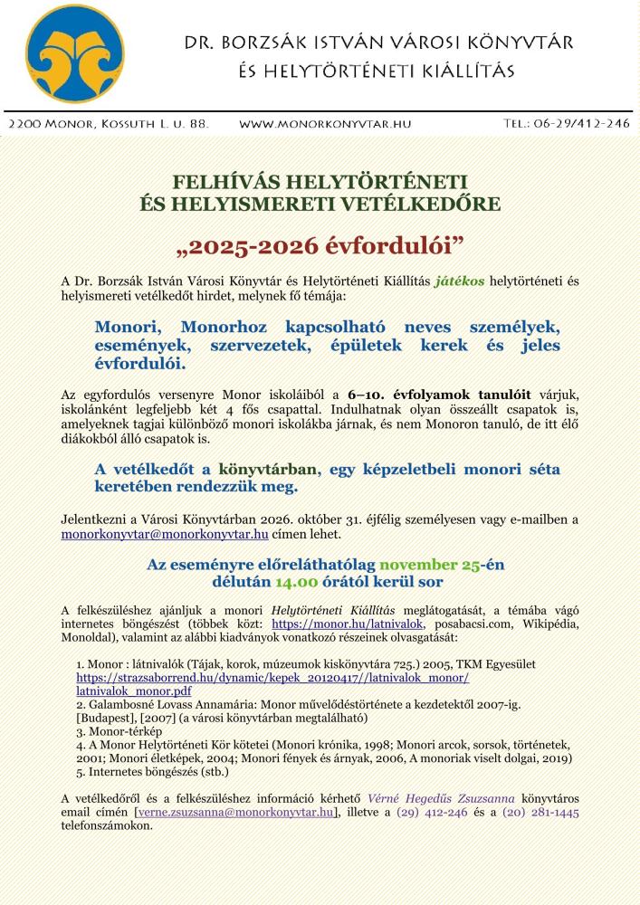 Felhívás helytörténeti és helyismereti vetélkedőre