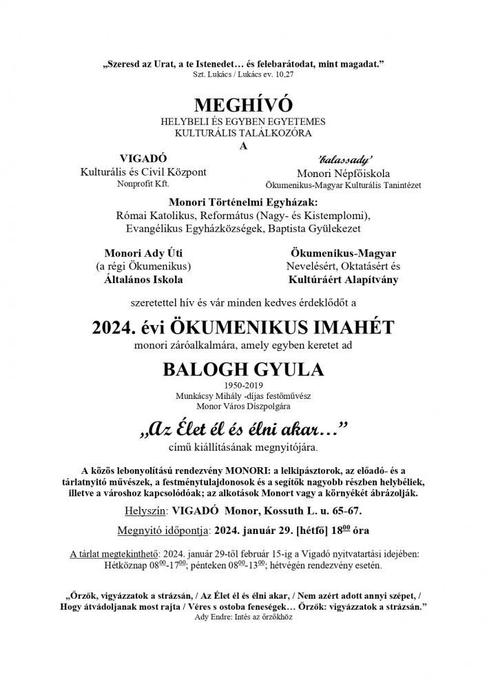 2024. évi ökumenikus imahét monori záróalkalma és Balogh Gyula „Az Élet él és élni akar…” című kiállítás megnyitó